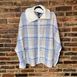 Tahari Blue Cream Plaid Oversized Full Zip Up Cape Poncho Sweater Women's L/XL